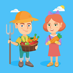 Image showing Little boy and girl holding fruit and vegetables.