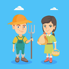 Image showing Caucasian boy and girl with chicken and rake.