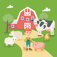 Image showing Little caucasian boy with farm animals.