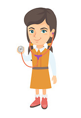 Image showing Caucasian girl in doctor coat holding stethoscope.