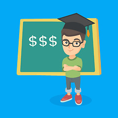Image showing Boy standing in front of board with dollar signs.