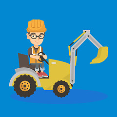 Image showing little caucasian builder kid driving an excavator.