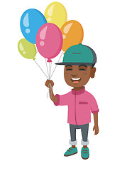 Image showing African boy with the bunch of colorful balloons.