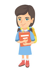 Image showing Caucasian schoolgirl with backpack and textbook.