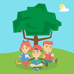 Image showing School kids reading books under a tree on nature.