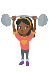 Image showing Strong african girl lifting heavy weight barbell.