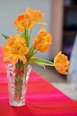 Image showing A bouquet of tulips in a vase on the table