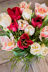 Image showing A view from above to the bouquet of tulips