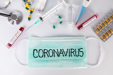 Image showing Blood test tube with the Coronavirus disease for virus test and 