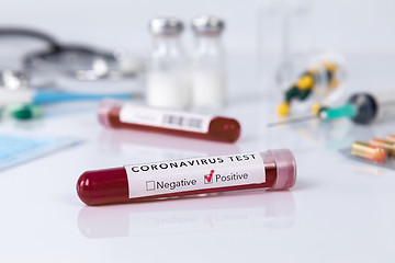 Image showing Blood test tube with the Coronavirus disease for virus test and 