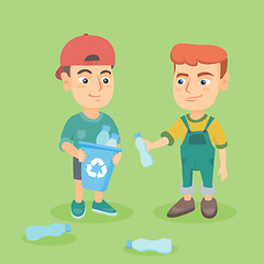 Image showing Boys collecting plastic bottles for recycling.