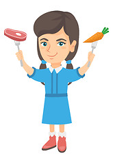 Image showing Caucasian girl holding fresh carrot and steak.