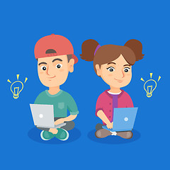 Image showing Boy and girl working on laptops with idea bulbs.