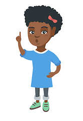 Image showing African girl with open mouth pointing finger up.