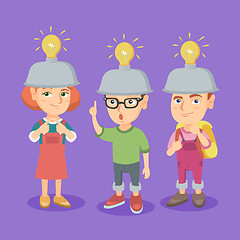 Image showing Group of caucasian children with idea light bulbs.