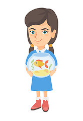 Image showing Caucasian girl holding aquarium with goldfish.