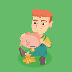 Image showing Caucasian boy shaking money out of a piggy bank.