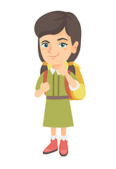 Image showing Caucasian little girl with school bag thinking.