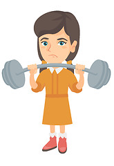 Image showing Upset caucasian girl lifting heavy weight barbell