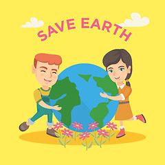 Image showing Caucasian boy and girl hugging the Earth planet.