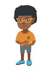 Image showing African-american sad boy having stomach ache.