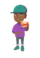 Image showing African-american boy eating tasty pizza.