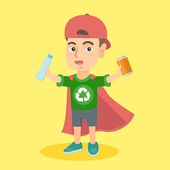 Image showing Boy superhero with aluminum tin and plastic bottle