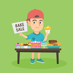 Image showing Little caucasian boy running charity bake sale.