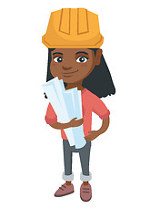 Image showing Little african engineer girl holding paper plans.