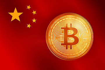 Image showing Golden bitcoin coin symbol on the China flag.