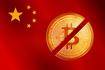Image showing Crossed out golden bitcoin coin symbol on the China flag.