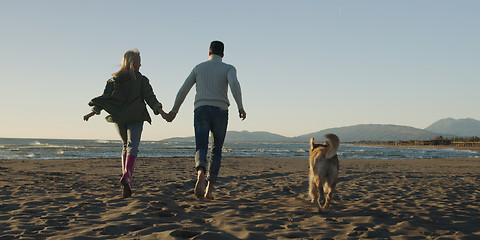 Image showing couple with dog having fun on beach on autmun day