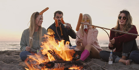 Image showing Group Of Young Friends Sitting By The Fire at beach