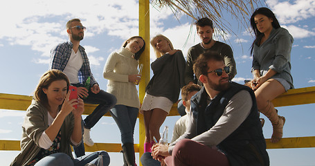 Image showing Group of friends having fun on autumn day at beach