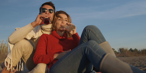 Image showing Loving Young Couple Sitting On The Beach beside Campfire drinkin