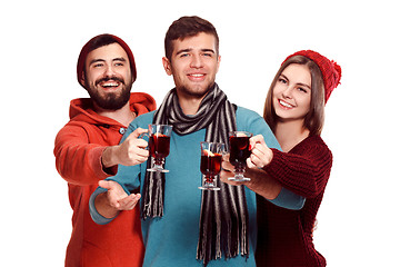 Image showing Smiling european men and women during party photoshoot.