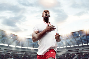 Image showing The football player in motion on the field of stadium