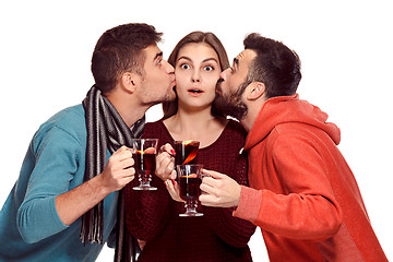 Image showing Smiling european men and women during party photoshoot.