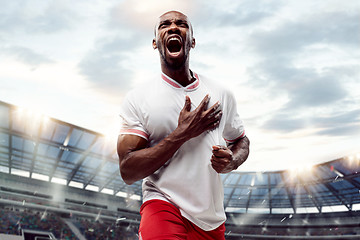 Image showing The football player in motion on the field of stadium