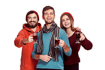 Image showing Smiling european men and women during party photoshoot.