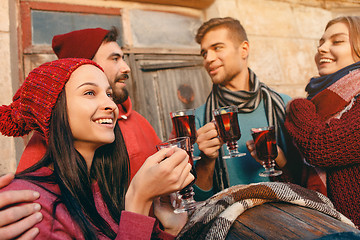 Image showing Smiling european men and women during party photoshoot.