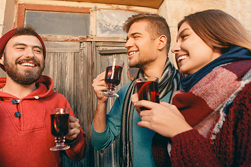 Image showing Smiling european men and women during party photoshoot.