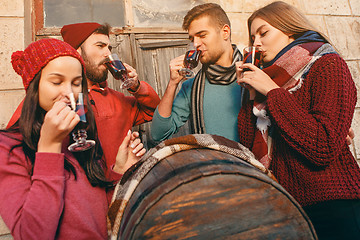 Image showing Smiling european men and women during party photoshoot.