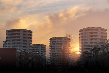 Image showing Round tower appartments in the sunset