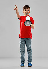 Image showing little boy in red polo shouting to megaphone