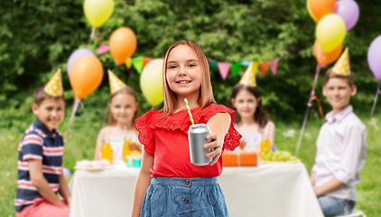 Image showing smiling girl with can drink at birthday party