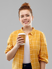 Image showing happy redhead teenage girl with paper coffee cup