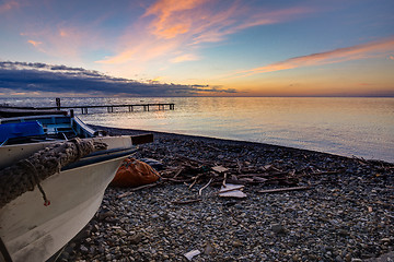 Image showing Beautiful landscape with a boat by the sea at sunset