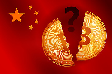 Image showing Split golden bitcoin coin symbol with question mark on the China flag.