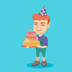 Image showing Caucasian child holding birthday cake with candles